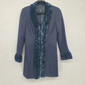 ♤ INC Petite Formal Long Dress Coat Navy Blue Crushed Velvet Trim Size Small